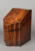 A George III inlaid mahogany serpentine knife box The hinged cover enclosing a fitted interior. 24.