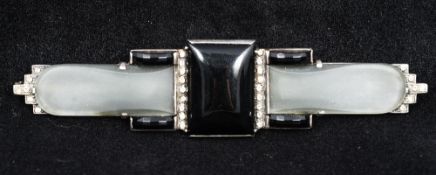 A Dutch/French jet frosted glass and paste set silver framed brooch Of Art Deco geometric design,
