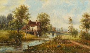 C HERFORTH (19th century) Continental Figure in a River Landscape with Mill House Beyond Oil on