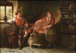 C BAUER (19th century) Continental Tyrolean Figures in a Cottage Interior Oil on panel Signed 17 x