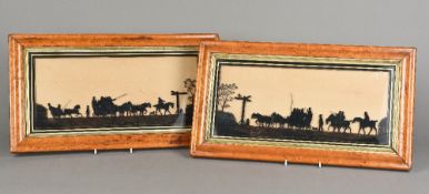 A pair of early 19th century maple framed silhouette pictures on glass One inscribed On the way to