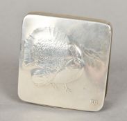 A Continental 900 silver compact Of hinged square form, the lid repousse decorated with turkeys,