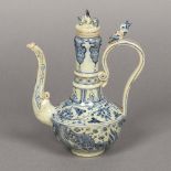 A Chinese blue and white porcelain ewer Decorated with an aquatic scene and lotus strapwork,