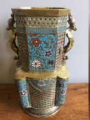 A 19th century Chinese gilt metal champleve twin handled vase Of lobed square section,