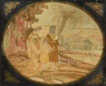 A George III silk work picture Worked with the Flight into Egypt, framed and verre eglomise glazed.