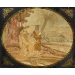 A George III silk work picture Worked with the Flight into Egypt, framed and verre eglomise glazed.