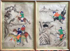 A pair of 19th century Chinese gouache paintings depicting hunters on horseback Framed. 34 x 51 cm.