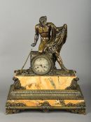 A 19th century Continental bronze mounted marble mantel clock The 4 inch silvered dial with Roman