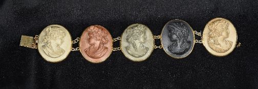 A Victorian carved Lava wear bracelet Each oval link worked with the bust profile of a young lady.