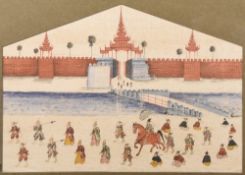 EASTERN SCHOOL (19th/20th century) Procession of Figures Before a Riverside Temple Watercolour and