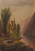 CONTINENTAL SCHOOL (19th century) Castle in a Mountainous Lake Landscape Oil on canvas 34.5 x 49.
