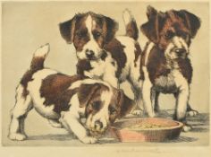 *ARR ALICE BARNWELL (1910-1980) British Terrier Puppies Limited edition coloured etching Signed in