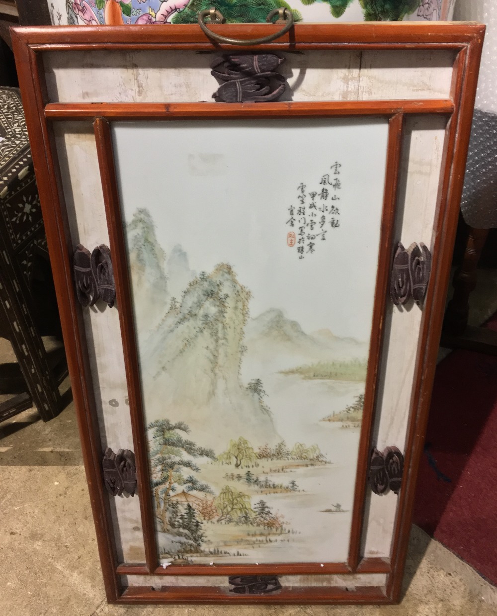 A Chinese porcelain plaque Decorated with an extensive mountainous river landscape, - Image 6 of 9