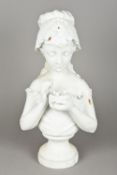 A Victorian Parian bust Formed as a young girl wearing a bonnet, holding a nest of chicks,