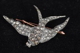 An unmarked rose diamond set brooch Formed as a swallow. 4.5 cm wide.