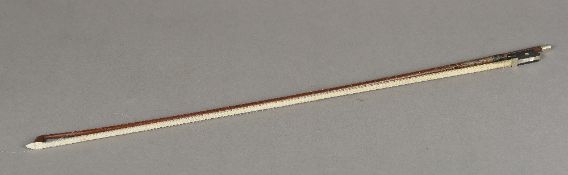 An early 20th century mother-of-pearl inlaid nickel mounted violin bow, stamped Pillot 74 cm long.