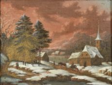 CONTINENTAL SCHOOL (18th/19th century) Winter Village Landscape Oil on canvas laid on board 22.