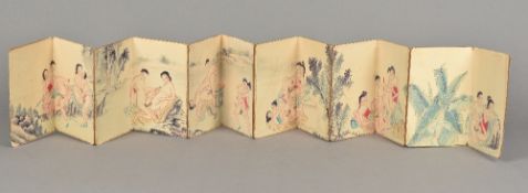 An Oriental erotic folding book Depicting couples in various sexual embraces. 18.5 cm high.