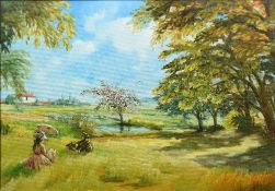 CONTINENTAL SCHOOL (20th century) Figures Reading in a Summer Landscape Oil on canvas Indistinctly
