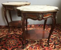 A pair of French marble topped side tables Each of serpentine rectangular form with a frieze drawer,