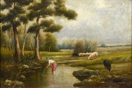 M ZAMPELLA (19th/20th century) Italian Shepherdess and Her Flock in a River Landscape Oil on