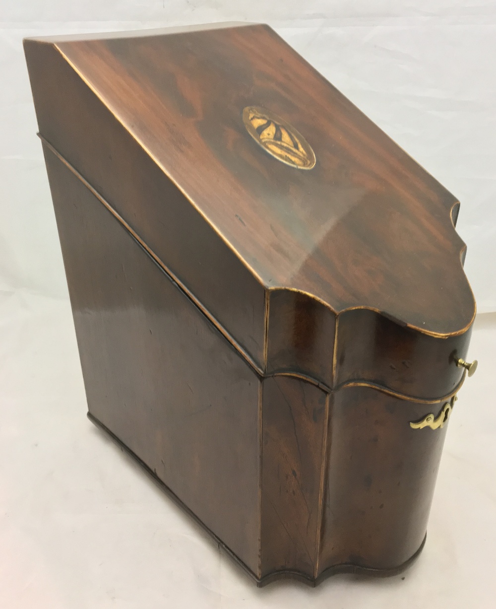 A pair of Georgian III mahogany serpentine knife boxes Each with shell inlaid hinged cover - Image 3 of 13