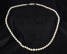 A pearl necklace Of graduated form, mounted with a diamond set clasp. 54 cm long.