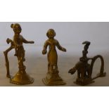 Three antique Indian brass Puja lamps