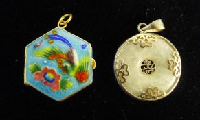 A Chinese silver and enamel locket and a jade pendant