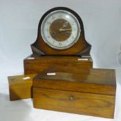 Two Victorian rosewood boxes and a mantle clock