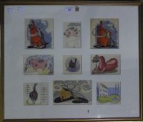 Nine watercolours framed as one,