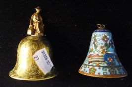 A Regency gilded hand bell with China man finial and a 19th century Chinese cloisonne hand bell