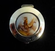 A silver and enamel pill box depicting a nude