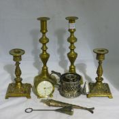 Two pairs of brass candlesticks etc