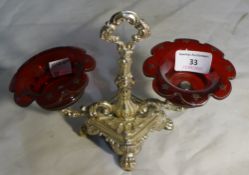 A Continental silver and ruby glass double salt