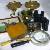 A quantity of miscellaneous items, including porcupine quill box, brassware, magnifying glasses,