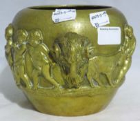 A 19th century brass vase decorated in relief with Putto and a ram's mask