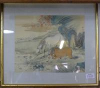 A Chinese watercolour on silk, two horses in a landscape,