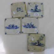 Five 18th century Delft blue and white tiles