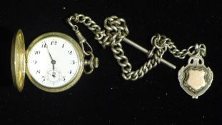 A silver cased pocket watch, chain and fob,