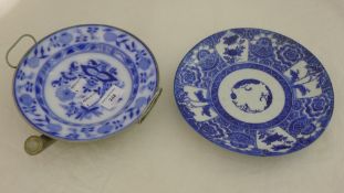 A WMF pewter mounted blue and white warming plate and a Japanese blue and white transfer printed