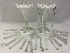 A pair of Victorian white overlay glass lustres