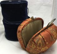 Two round velour hat boxes and a padded teapot caddy