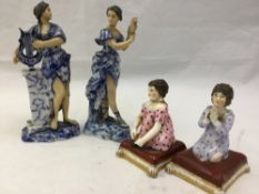 Two 19th century Continental porcelain figurines and two Derby figurines