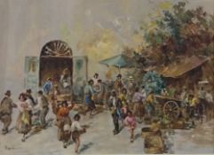 GIANNETTI (20th century) Continental Busy Continental Market Scene Oil on board Signed 69 x 50 cm,