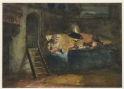 CONTINENTAL SCHOOL (19th century) Figure Sewing in a Rustic Interior Watercolour Indistinctly