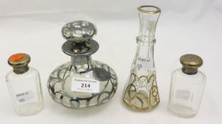 Two silver overlay bottles and two silver top bottles