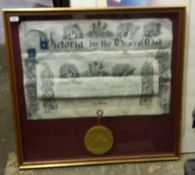 A framed and glazed Victorian wax seal and document