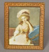A miniature on ivory Depicting a girl seated on a blue cushion, signed Le Fleur,