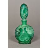 An Art Deco malachite glass scent bottle With scrolling foliate decoration. 15.5 cm high.